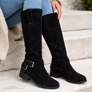 Clarks Women's 8 M Black Suede Plaza Steer Buckle Tall Riding Zip Boots